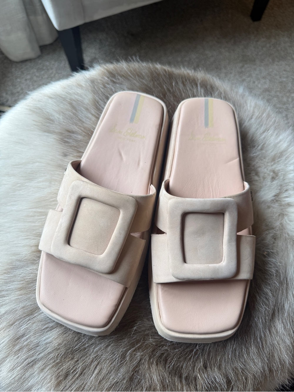 Sam Edelman Blush Pink Square-Buckle Slide Sandals